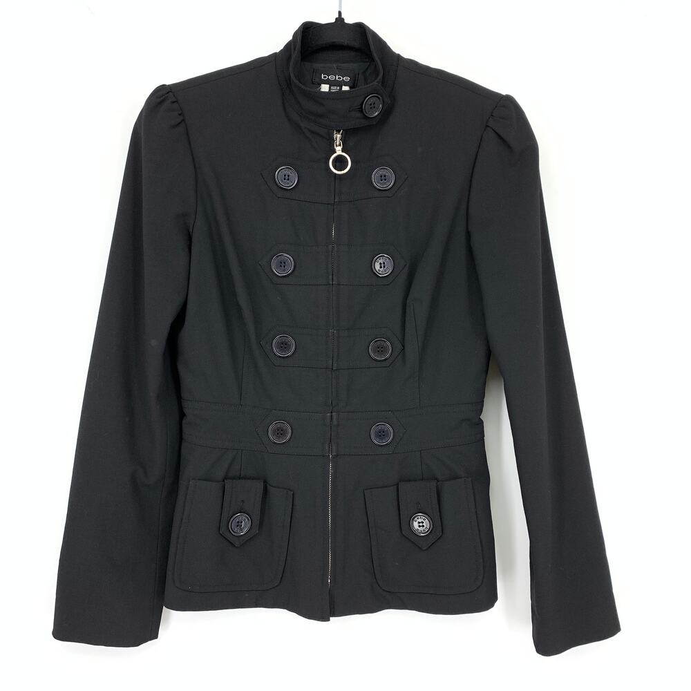 Vintage Y2K Bebe Military Style Jacket Womens Size 4 Black Full Zip Mock Neck